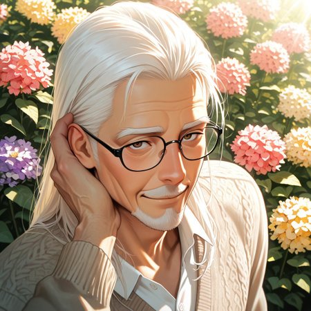 masterpiece, best quality, amazing quality, absurdres, newest, detailed background, definition so sharp, Ultra-HD, 8K cinematic, very awa, impressionate, amazing quality, highres, 
solo, male focus, manly, 
daikakukokujouji, lieutenant_white hair, lieutenant_brown eyes, 1boy, old man, looking at viewer, warm smile, long hair,wearing glasses \(on nose\), casual clothing, cardigan, outdoor setting, blooming garden, sunlight, peaceful, kind, approachable, comforting, joyful, grandfatherly