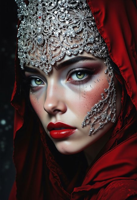 Studio Ghibli Dark Fairytale, A woman with dramatic, glamorous makeup.  Hyperrealistic portrait.  Close-up view of a woman with  sparkling, silver, rhinestone-encrusted headpiece cascading down her face.  Emphasis on the eyes, with shimmering, iridescent eyeshadow and sparkly liner, creating a dramatic, almost theatrical effect.  Lips are painted with a rich, glossy, crimson red lipstick that draws attention to the full mouth.  The color palette is primarily deep reds, silver, and greens (blurred background color).  Her skin is smooth and porcelain-like.  Lighting is soft but highlights the contours of her face and makeup.  Impressionistic blurring of the background.  Detailed realistic portrayal of makeup texture and jewelry. DARK moody