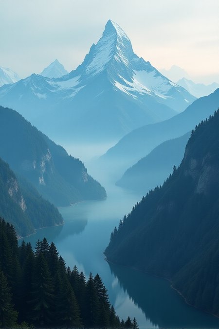 their peaks veiled in mist. great lighting, A surreal landscape highly detailed . extremely high-resolution details, appears trapped in an optical illusion of reflections and refractions colorful , professional photography, natural lighting, volumetric lighting maximalist. intricately detailed, complex, elegant, expansive, fantastical, film photography style, in the distance layers of mountains strech to the horizon in shades of blue, mysterious fog envelops the landscape, adding depth and atmosphere to the composition, ultra-detailed, hyper-detailed, ambient lighting, (masterpiece), (Amazing quality), (phenomenal aesthetic), cinematic moment, 8K<lora:FLUX_Ghibsky_Illustrations.safetensors:0.8:1.0>âââ