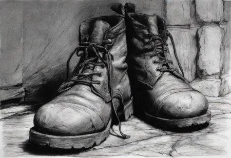 Create pencil, very sketch, charcoal type of close up of pair of old boots, left and right, worn side by side, perspective from wearers view point, looking down feet inside, Woolly socks, on shins, stood on top of old stone step, black and white, view from above, looking down at boots on feet