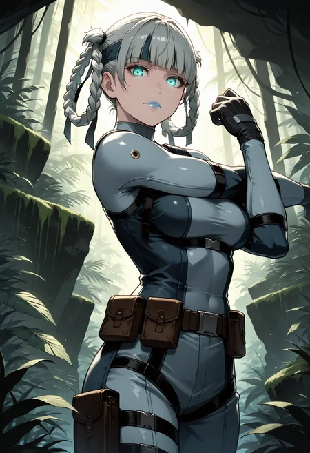 masterpiece, best quality, 1girl, solo, braided hair rings, grey hair, short hair, blunt bangs, blue lips, hair ribbon, black ribbon, dark blue headband, grey bodysuit, harness, solidsnk, jungle, outdoors, rainforest, nature, dark theme, stretching, cross-body stretch, glowing eyes, aqua eyes, belt pouch, black gloves, moss, dim lighting, dark background, backlighting, looking at viewer, closed mouth
