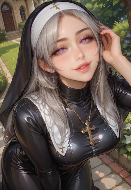 safe_pos, score_9, score_8_up, score_7_up, source_anime, NSFW, (((1girl, solo, female focus))), (best quality, high quality), (((gray hair, long hair, (long sidelocks:1.3), hair between eyes))), sultry expression, (mature face, milf, 40 years old), (pale skin tone), (petite body, large breasts), (purple eyes, gradient eyes, glowing eyes), sexy lips, perfect lips, defined nose, looking at viewer, open mouth, blushing, seductive look, (((standing, bedroom eyes, slight smile, leaning forward, hand on hair))), (nun,latex,bdsm outfit, long skirt), outdoors, garden, flowers, flower bush, trees, godrays, bloom, (detailed background), high angle view, pov, depth of field,