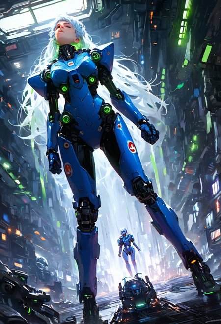 score_9, score_8_up, score_7_up, 1girl, standing, silver hair, long hair, bodysuit, blue bodysuit, black boots, latex, sci-fi, futuristic, female pilot, large robot, mecha, glowing lights, green lights, blue lights, indoors, industrial setting, detailed, full body, looking up, hand touching, anime, dynamic angle, hero pose, perspective, dramatic, high contrast, realistic, mechanical, advanced technology, armor, pilot suit, exhibition, convention, posing with robot, high-tech, cosplay.