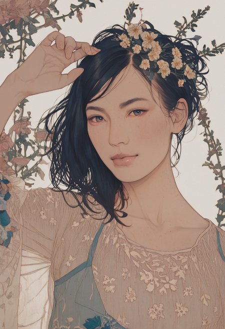 source_cartoon, score_9, score_8_up, score_7_up, 1girl, solo, looking_at_viewer, perfect eyes, embedding:zPDXL2 , Standing, pretending to smell a big flower, sideways, portrait, rating_sensitive, <lora:sdxl\pony diffusion\artist_styles\yasunari_ikenaga_pony:1.0>