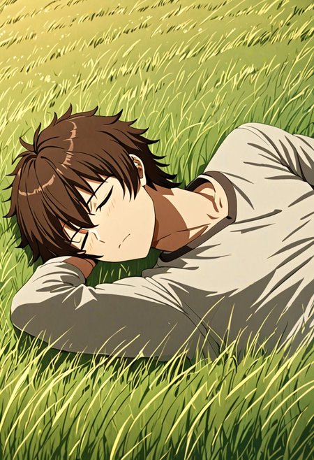 high resolution, solo, best quality, 1Boy, Seiya Kanie, Brownish Hair, sleep, nap, grass, meadow hills, wind breeze, OverallDetail