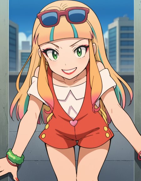 score_9, score_8_up, score_7_up, source_anime,
pokemonrisa, <lora:pokemon-risa-movie-ponyxl-lora-nochekaiser:1>,
risa, long hair, bangs, blonde hair, green eyes, multicolored hair, blunt bangs, makeup, lipstick,
shirt, jewelry, short sleeves, heart, bracelet, sunglasses, eyewear on head, overalls, overall shorts,
cityscape, street, bent over, smile,
looking at viewer, cowboy shot, solo, dutch angle,