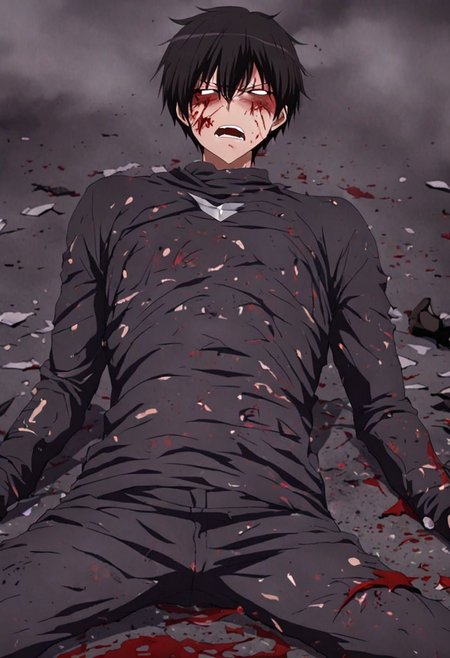 high resolution, solo, best quality, 1Boy, Kanie Seiya, Black Hair, fell down, revenged, conquered, dying, battered, bruised, OverallDetail
