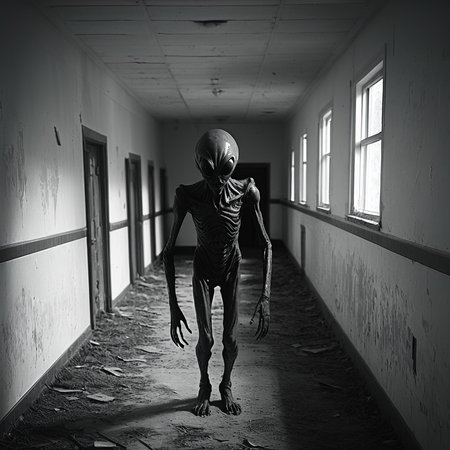 horrorcctvlora, abandoned school, horror (theme), alien, monochrome, hiding