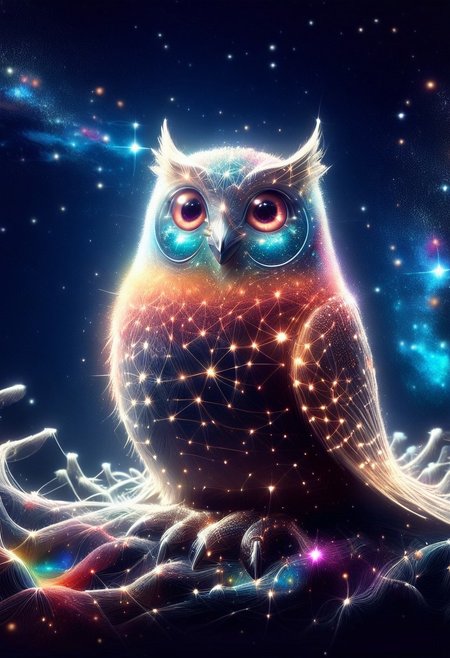 a cute chibby chicken mixed with a owl with big rainbow eyes made star constellations, it wears a cool rainbow bandana, very detailed, 4k, sharp, eating rainbow worms, novuschroma51 style, (starry night), starry_morph