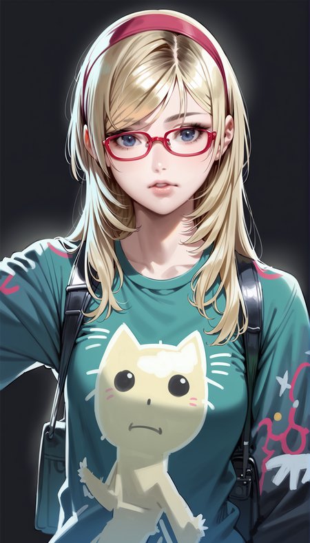score_9,score_8_up,
(bloom:1.2),
<lora:leanne:1>,leanne,
1girl,solo,blonde hair,long hair,bangs,red hairband with white accents,dark blue neck ribbon,blue eyes,looking at viewer,red glasses,facing viewer,parted lips,green long sleeve shirt with patterns and black sleeves,black skirt,black belt,upper body,black background,