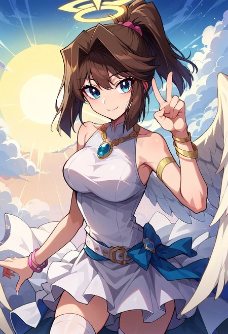 score_9, score_8_up, score_7_up, highest quality, masterpiece, source_anime, masterpiece, high quality, perfect face, perfect body, eye reflection,
anzumazaki, <lora:anzu-mazaki-ponyxl-lora-nochekaiser:1> solo, 1girl, 1 girl,
anzu mazaki, blue eyes, brown hair, short hair,
bare shoulders, bracelet, jewelry, necklace, ponytail,  bare shoulders, belt, white thighhighs, bracelet, jewelry, , necklace, ponytail, sleeveless, thighhighs, white shirt, white skirt, alternate costume, angel costume, halo, white clothing, shining clothing, radiating clothing, radiant clothing, radiant aura, angel wings, 
faint smile, peaceful smile, peace expression, sublime posture, sublime pose,
Radiant dawn, heaven, sky, clouds, sun shine, sunrays