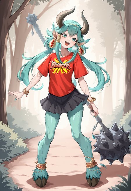 1girl, monster girl, faun, satyr, horns, aqua eyes, pointy ears, long hair, aqua hair, sidelocks, low twintails, earrings, hair ornament, jewelry, bracelet, long t-shirt, buster shirt, sweat, outdoors, forest, holding weapon, huge weapon, spiked mace, smile, open mouth <lora:Aht_illustrious:1> aqua fur, head tilt, pleated skirt, black skirt, full body, masterpiece, best quality, amazing quality, very aesthetic, absurdres, highres, newest
