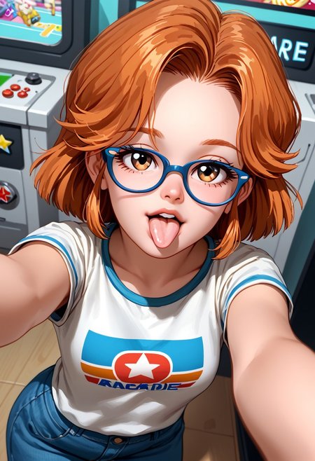 score_7_up, 1girl, ginger, pale skin, glasses, selfie, from above, v, tongue out, scintillating, hectic, fun, quirky, arcade, retro video games, sweetonedollar