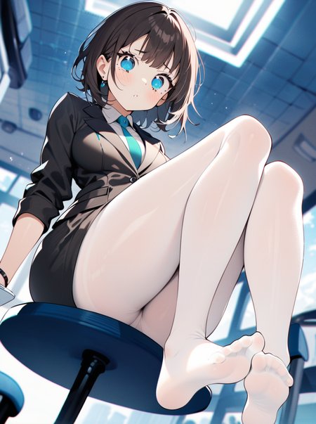 masterpiece, best quality, <lora:style28-xl-a3.1:1>,((perfect female body)),looking at viewer, beautifully detailed background, ZIP2D,1girl, curvy,feet,full body,disdain,contempt,white pantyhose,sitting,office lady,from below,panorama,cinematic_angle,