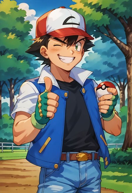 score_9, score_8_up, score_7_up, score_6_up, source_anime, 
1boy, solo, ash_kanto, baseball cap, jacket, black shirt, fingerless gloves, denim pants, looking at viewer, 
gangstersb, thumbs up, one eye closed, grin, holding poke ball, portrait, torso crop, 
outdoors, park, grass, trees, 
ken sugimori, watercolor, 
masterpiece, highly detailed,