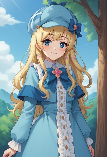 score_9, score_8_up, score_7_up, source_anime, highly detailed,
cordeliaglauca, 1girl, solo, blonde hair, long hair, hat, dress, blue eyes,
smile, looking at viewer, blue dress, standing,
blue headwear, frills, long sleeves, closed mouth, bow, 
deerstalker,  bangs, blush, frilled dress, upper body
outdoor, sky, tree