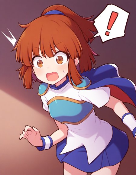 <lora:PuyoArleF_SDXL_illustrious_fp16_ver01:1>,1girl,solo,PuyoarleF,brown eyes,brown hair, ponytail,armor, shoulder armor,white shirt,blue skirt,cape,wristband, <lora:HairintakesEraser_v01_illustrious_10steps:2>,surprised, spoken exclamation mark, wide-eyed,open mouth,cowboy shot,, masterpiece, best quality, very aesthetic, absurdres,<lora:detailed_hands:1>,hand