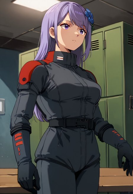 zPDXL3, asano_ruri, purple eyes,  long hair, purple hair, hair ornament,  virtual youtuber,bangs,hair flower, medium breasts,black spacesuit, black gloves,cowboy shot, locker room