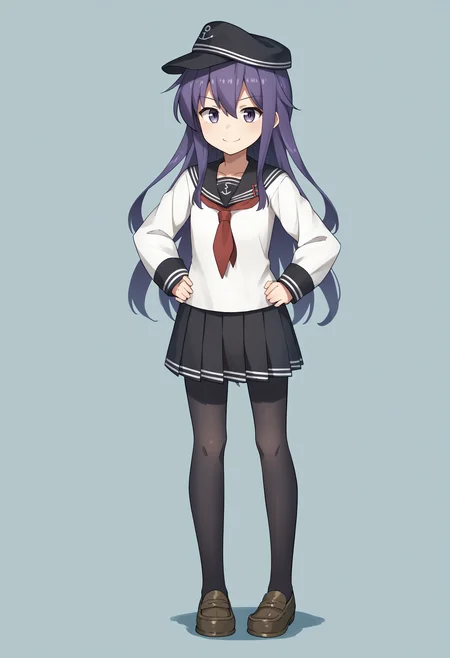score_9, score_8_up, score_7_up, score_6_up, score_5_up, score_4_up, BREAK, source_anime,
1girl, akatsuki \(kancolle\), purple hair, long hair, hair between eyes, purple eyes,
flat cap, black sailor collar, black skirt, loafers, long sleeves, neckerchief, pleated skirt, sailor collar, school uniform, serafuku, black pantyhose,
hands on hips, smile,full body, solo, looking at viewer, simple background     <lora:AkatsukiXL:1>