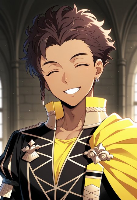masterpiece,best quality,amazing quality, source_anime,
ClaudeVonRiegan, 1boy, male focus, solo, closed eyes, brown hair, dark-skinned male, side braid, jewelry, earrings, garreg mach monastery uniform, shirt, yellow shirt, coat, black coat, high collar, epaulettes, side cape, yellow cape, smile, portrait, grin, happy,