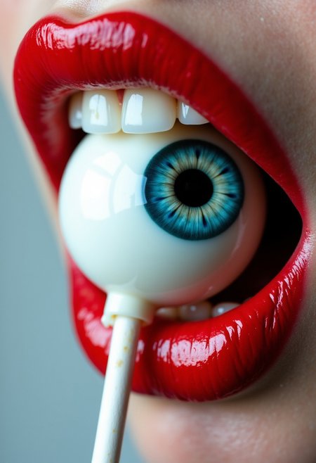 A surreal close-up of glossy red lips (aidmafluxpro1.1 , playfully biting down on a white lollipop shaped like a human eyeball), BREAK where the lollipop's detailed iris stares out in vivid contrast against the smooth, reflective surface of the lips. The interplay between the [crisp, white teeth | glossy red lipstick] adds an unnerving tension to the scene, BREAK as the eyeball's glossy surface mirrors the wet sheen of the tongue beneath it. The [blue iris of the eyeball | bright red lips] create a stark color contrast, BREAK intensifying the surreal and unsettling mood of the image. The background is left simple, BREAK focusing all attention on the bizarre fusion of candy and anatomy.