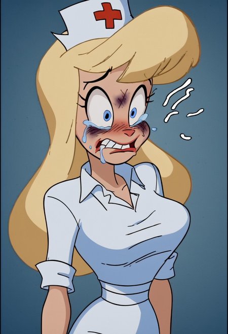 score_9, score_8_up, score_7_up, rating_questionable, zPDXL, 2d source_cartoon, (adult:1.2), facing the viewer, , horny, solo 1girl
<lora:Hello_Nurse_XL_Animaniacs:1> Heloise Nerz, 1girl, dirty messed burnt blonde  hair, blue eyes, totally burnt hair, sexy, horny, crying, scared, in love, extremely dirty white dress, hardly beaten fifty times, confused, deeply humiliated face, depressed face, black eyes, circles under eyes, beaten by ninty boxers, broken heart, under arrest, broken arms, toothless face, no tooth, smashed teeth, crazy emotion, extremely violently beaten face, ten times more extremely violently beaten face, big deep shiners on both eyes, narrow waist
<lora:Expressive_H:1>
<lora:r3nst1mpyXLP:1> r3nst1mpy,aaa