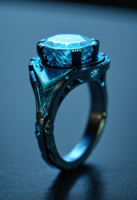 bioluminescent diamond ring, blue glowing metal, reflective,