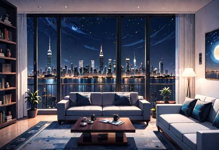 ((front view)), Shallow scene, (((animation style))), (night), modern-style interior, with white walls, (large windows), a  study, Sofa, coffee table, bookcase, single wall, ((dark room)), quiet and mysterious night sky,  city night view, (City high-rise building scenery), (City scenery outside the window), starry sky, moonlight,