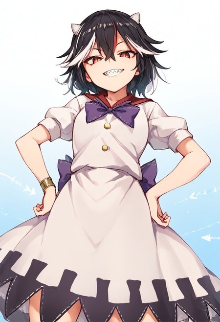 score_9, score_8_up, score_7_up, source_anime, perfect face, (illustration), intricately detailed illustration, Exquisite color design, (best quality, ultra detailed), smooth skin, high details, (1girls), beauty, kijin_seija, short hair, multicolored hair, (black hair), streaked hair, red hair, white hair, hair flaps, hair between eyes, red eyes, horns, small horns, grey horns, cone horns, white horns, white collared shirt, sailor collar, bracelet, arrow print, arrow \(symbol\), purple bowtie, puffy short sleeves, white dress, purple bow, white skirt, layered skirt, underskirt, red eyes, facing viewer, narrowed eyes, looking at viewer, grin, sharp teeth, front view, low angle, day, hands on hips,