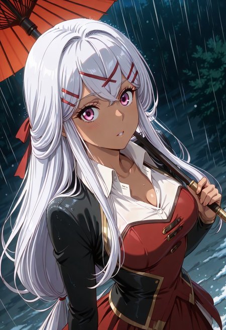 score_9, score_8_up, score_7_up, dynamic view, eye_focus, solo, looking_at_viewer, 1girl, 
masterpiece, best quality, bokeh, luminescent background,
(yulishia,  dark-skinned female, white hair, long hair, hair between eyes, bangs,  purple eyes, hair ornament, hairclip, x hair ornament, hair ribbon, red ribbon, medium breasts,   black jacked, white shirt, collared shirt, wing collar, long sleevs, red dress,  dress skirt, red skirt, black thighhighs, brown boots, scabbard, sword in scabbard, sword,
 ),
 female solo, solo, bokeh, luminescent background, (beautiful detailed eyes), (best shadow), ((an extremely delicate and beautiful)), (detailed light), ((depth of field)), frontal view, (detailed eyes:1.5), perfect hands, perfect eyes, better hands, dynamic poses, upscale 2x, top view, 1girl, breasts,umbrella, cleavage, starry sky, star \(sky\), oil-paper umbrella, snowing, solo,, looking at viewer, snow, night sky, night, large breasts, parted lips, rain, sky, upper body,