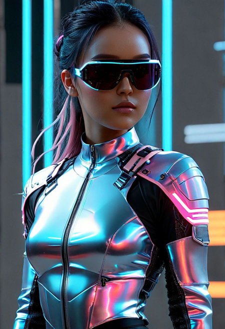 score_9, score_8_up, score_7_up, raw,32K, UHDR, (ultra-quality:1.6),1girl, in Cyberpunk style, revealing and exposing clothes, cinematic, wearing lit fiber optics, oxigen-support-gadgets, strong parallel lines and nodes, extremely detailed cute face,
Tech-infused, advanced materials bound technology and design. stimuli reactive to color-changing , psicho texture-shifting. ,integrate neon lights for visual flair.  sleek, angular shapes with sharp lines, including bodysuits and structured jackets. High-tech accessories are integral futuristic AR glasses, neural interfaces and cybernetic jewelry.  cargo pants, utility belts, and harnesses for gadgets. Bold colors dominate, with vibrant neons and electric obsidian:0.9 or pink:0.6 contrasting against deep agate:0.9 or pure-snow-white:0.9. Dystopian influences inspire distressed fabrics, industrial hardware, and asymmetrical designs, reflecting the chaotic cyberpunk ethos. glowing boots