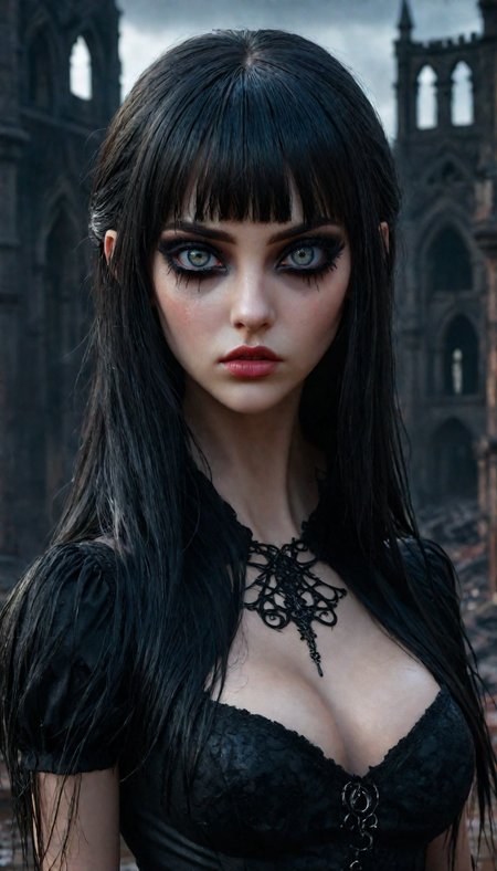 (photorealistic:1.5), raw photo
photorealistic image of a gothic woman, doll like face, (grey eyes, long bangs, medium hair, thick eyebrows, large breasts, narrow waist, ) in a alluring  black dress posing seductively through a dark,  fiery post-apocalypse landscape, gothic architecture, detailed reflections on the wet ground, intense colors, cinematic lighting, 8k resolution, highly detailed, realistic textures, dynamic composition, sharp focus, vivid and intricate background
