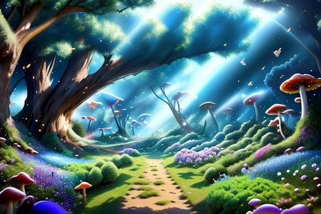 FanFo, wooden brigde, mushrooms, flowers colored blue and purpel, fireflys by flower tree, big trees, little elves, realisim