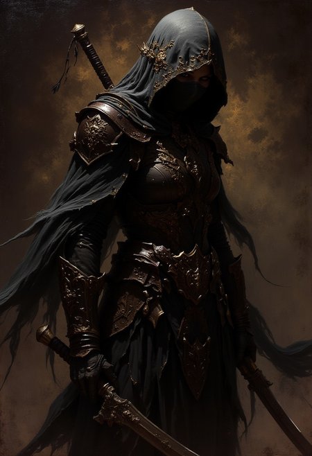 detailed renaissance oil painting, masterpiece, FredFraiStyle, female japanese ninja assassin, hood, chiascuro, silhoutetted, weapons, directional lighting, masterpiece, perfect composition, perfect hands, cowboy shot