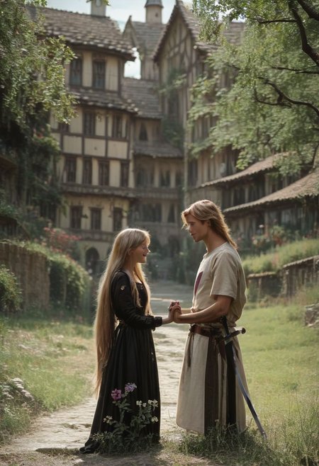 score_9, raw photo, scenery, village,  romance, film still, grainy, ,  (1girl, cute smile, peasant clothes)(1boy, knight shirt), templar, sword on belt,  dress, black dress, long hair, blonde hair, outdoors, blurry, holding hands, grass