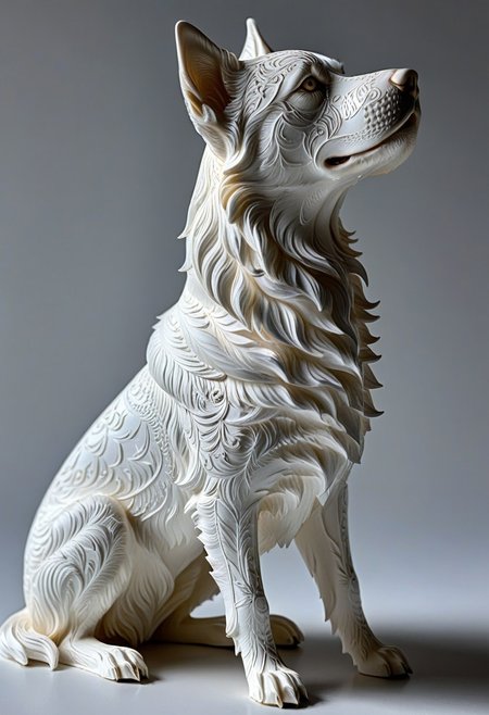 A photorealistic image of a majestic dog figure,
crystalstexture skin,(extremely delicate and beautiful), highly detailed, WhiteMold, art style, 3d printed mold, 
intricate details, dramatic composition, contrast, texture, realism, high quality, stunning art, film grain, volumetric lighting, detailed, 
background is cozy room,