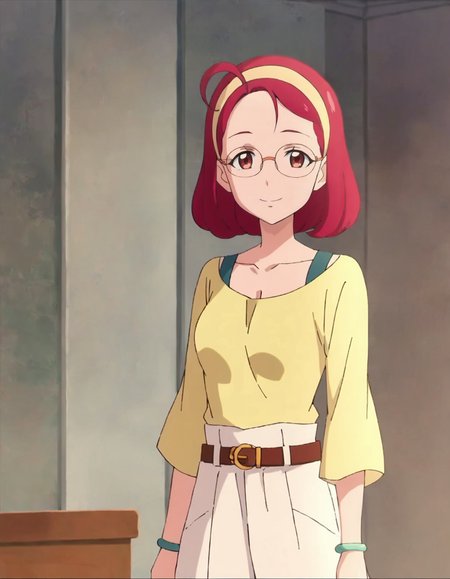 score_9, score_8_up, score_7_up, anime screencap, solo,1girl,hoshinaterumi, glasses, hairband, smile, belt,  looking at viewer,white skirt, jewelry, long skirt, bracelet, shirt, short hair, yellow shirt,  collarbone, long sleeves,cowboy shot,medium breasts, ,cleavage,<lora:hoshinaterumi:0.8>