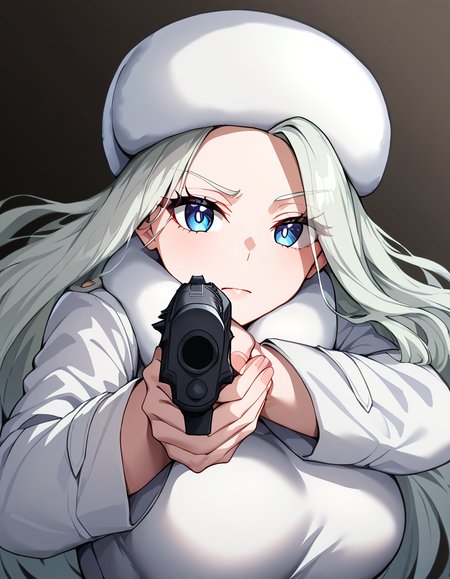 masterpiece, best quality, newest, absurdres, highres, safe,, <lora:pokemon-melony-ponyxl-lora-nochekaiser:1> pokemonmelony, blue eyes, eyelashes, long hair, multicolored hair, streaked hair, grey hair, large breasts, <lora:center-axis-relock-stance-illustriousxl-lora-nochekaiser:1>, center axis relock stance, looking at viewer, holding, closed mouth, weapon, holding weapon, gun, holding gun, handgun, aiming, finger on trigger, aiming at viewer, m1911,, ,