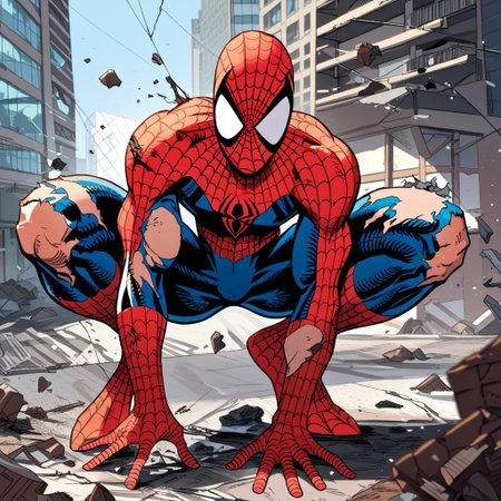 score_9,score_8_up,score_7_up,spider web print, solo, 1boy, , spider-man,male focus, torn bodysuit, ,  superhero,,damaged mask,debris,damaged building