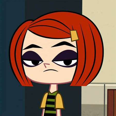 score_9, score_8_up, score_7_up, score_6_up, score_5_up, score_4_up, 1girl, red hair, bob cut, eyeliner, eyeshadow, hairclip, flat chest, narrow waist, wide hips, highres, high quality, masterpiece, <lora:Laney_Penn:1> <lora:flat_color_anime_xl:1>