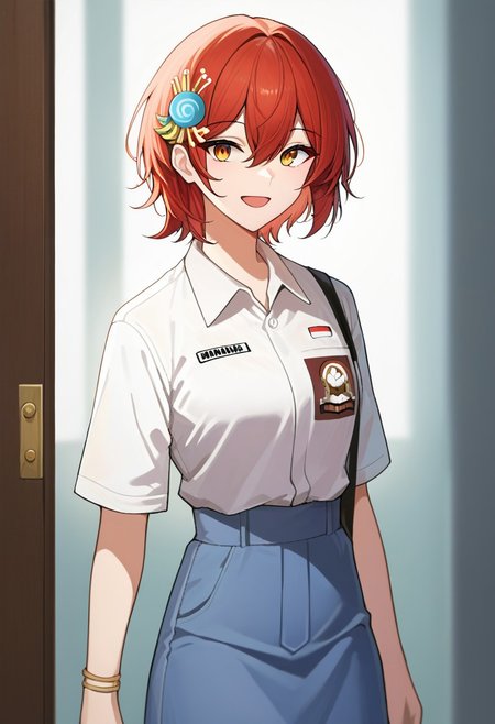 score_9, score_8, score_7, source_anime, ihsu, smile, standing, closed mouth, jewelry, hair between eyes, cowboy shot, open mouth, long hair, short hair, hair ornament