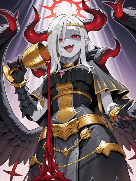 fallen angel,condemned darklord,1girl,skin fang,from below,solo,shaded face,open mouth,evil grin,holding chalice,pouring,looking at viewer,chalice,red nails,white skin,red halo,red wine,gold circlet,black gloves,black feathered wings,black dress,black capelet,light rays,
masterpiece,best quality,amazing quality,very aesthetic,absurdres,newest,<lora:Condemned Darklord illuXL v1.1:0.75>,