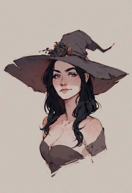 score_9, score_8_up, score_7_up, score_6_up, fantasy, female, (pale skin:1.2), dark clothes, simple background, black hair, freckles, simple grey eyes, bare neck, witch hat, half body, cowboy shot