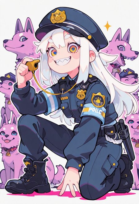 1 girl , police uniform , police hat , sharp teeth , smile , holding baton , holding whistle , pet dog , white hair , dog police uniform , on one knee , 
masterpiece, best quality ,amazing quality ,S4bit4mago_illu , Protoneon  ,s0wasow4rt_illu,