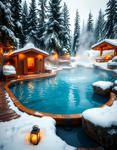 A breathtaking Nordic spa in the heart of a snowy forest, surrounded by tall evergreen trees. The scene captures a steaming outdoor hot pool with crystal-clear water, reflecting the soft glow of ambient lighting. A rustic wooden cabin with a snow-covered roof stands nearby, serving as a relaxation area. Wooden lounge chairs with neatly folded white towels are placed around the pool. A stone pathway, lightly dusted with snow, leads to the water, illuminated by warm, soft lanterns. A few people are seen enjoying the spa, some wrapped in cozy robes while others relax in the steaming water. The atmosphere is serene and tranquil, with mist rising from the hot pool, contrasting with the cold winter air. The lighting is warm and inviting, creating a perfect balance between natural beauty and luxurious comfort.
<lora:SDXLFaeTastic2400:0.4> <lora:extremely_detailed:0.4> extremely detailed, <lora:Nordic_sp4:1>,Nordic sp4, Masterpiece,best quality,hi res,8k,hi res,8k,award winning,(sharp focus, intricate, highly detailed),