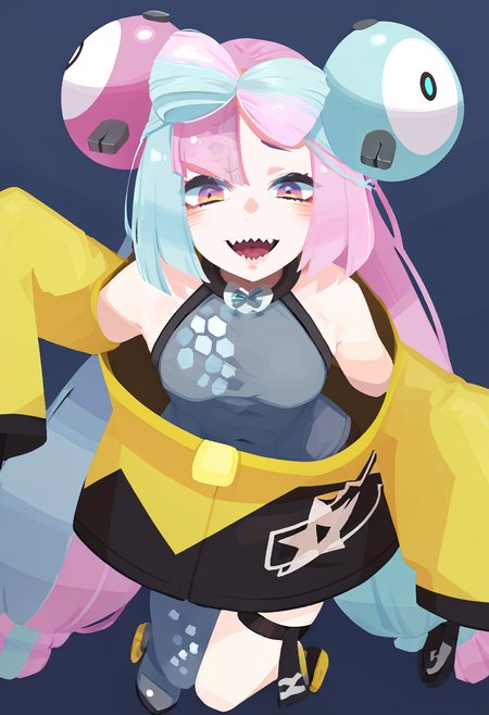 score_9, score_8_up, score_7_up, score_6_up, <lora:HaraID21PXL_P6_lokr_V53P1:0.95>  1girl, iono \(pokemon\), solo, oversized clothes, character hair ornament, yellow jacket, x, sleeves past fingers, bow-shaped hair, very long sleeves, sharp teeth, teeth, jacket, single leg pantyhose, grey pantyhose, hair ornament, long hair, sleeves past wrists, multicolored hair, two-tone hair, split-color hair, looking at viewer, pink hair, low-tied long hair, sleeveless shirt, open mouth, shirt, smile