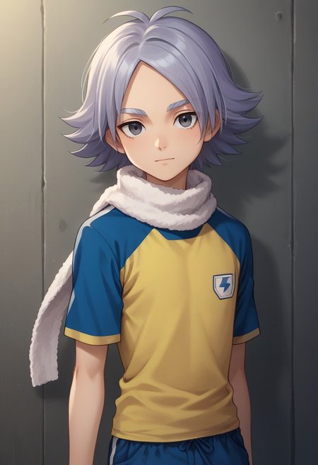 score_9, score_8_up, score_7_up, source_anime, highly detailed, 
fubuki, 1boy, male focus, solo, grey hair, grey eyes, sportwear, raimon, raimon soccer uniform, shirt, yellow shirt, short sleeves, raglan sleeves, shorts, blue shorts, upper body, slender, skinny, scarf, white scarf
outdoor,