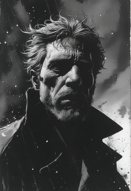 masterpiece,best quality,<lora:tbh236-sdxl:0.8>,illustration,style of  Frank Miller, portrait, middle aged man, dark grey hair, trimmed beard, black and white, yellow color accents