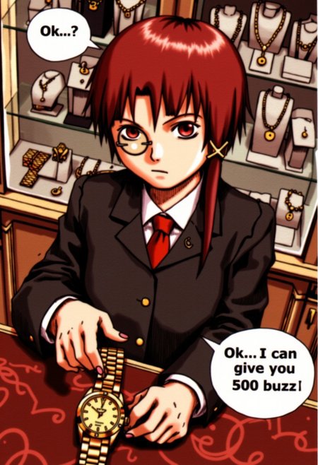 Anime drawing of Lain Iwakura sitting behind an opulent, polished desk in a high-end jewelry showroom, dressed impeccably in a tailored suit and tie, her demeanor exuding sophistication and exclusivity. With a monocle held delicately over one eye, she examines a luxurious gold watch with a skeptical, slightly snobbish expression, her lips pursed as she scrutinizes every detail of the piece. A speech bubble hovers beside her, reading, "Ok... I can give you 500 buzz," conveying her discerning and exacting standards.
The surrounding environment is unmistakably that of a luxury jewelry store, with display cases of sparkling diamond necklaces, intricately designed bracelets, and an array of Rolex watches arranged with meticulous care. The lighting is soft and refined, casting a gentle glow over the jewels, enhancing the allure of the space. Behind her, sleek glass cabinets showcase the finest selections, each item radiating a sense of exclusivity and grandeur. The atmosphere is calm yet tense, every detail suggesting a world where only the finest craftsmanship is worthy of consideration, while Lain’s scrutinizing gaze and skeptical expression reinforce her role as a discerning jeweler unwilling to settle for anything less than perfection.