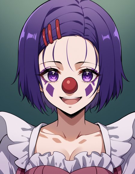 score_9, score_8_up, score_7_up, source_anime, <lora:haruna-sairenji-darkness-ponyxl-lora-nochekaiser:1>, haruna sairenji, hair ornament, hairclip, purple eyes, purple hair, short hair, swept bangs, forehead, medium breasts, <lora:clown-ponyxl-lora-nochekaiser:1>, clown, makeup, clown nose, facepaint, gloves, long sleeves, frills, dress,, smile, open mouth, smug,, cowboy shot